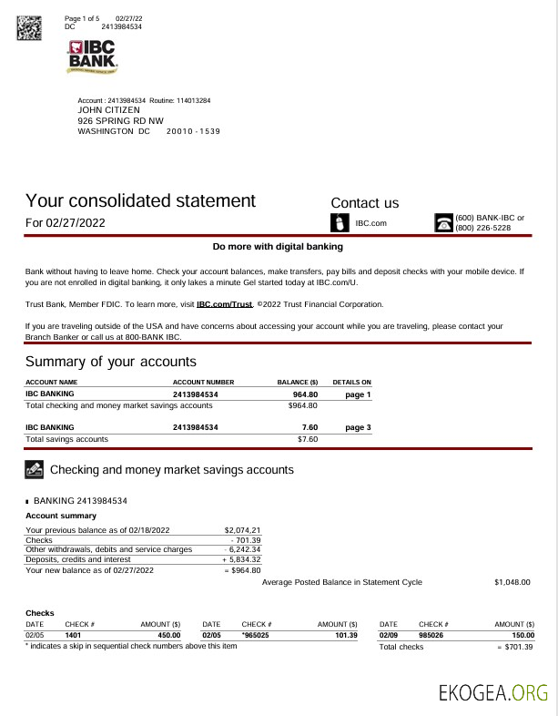 Modèle Word et PDF de relevé bancaire IBC USA Texas, 5 pages